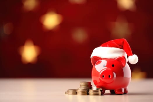 Piggy bank with Santa Claus hat and coins on festive red background. Generative AI.