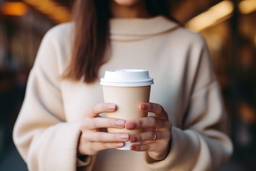 Cute young woman lifestyle holding a white plastic coffee cup. Generative AI.