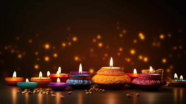 Illustration of Diwali festival Diya Lamp with rangoli at the bottom. Generative AI.