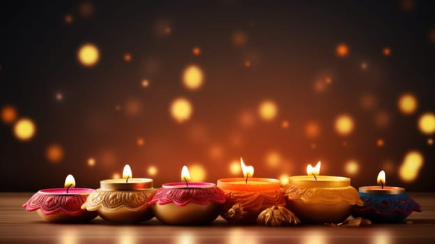 Illustration of Diwali festival Diya Lamp with rangoli at the bottom. Generative AI.