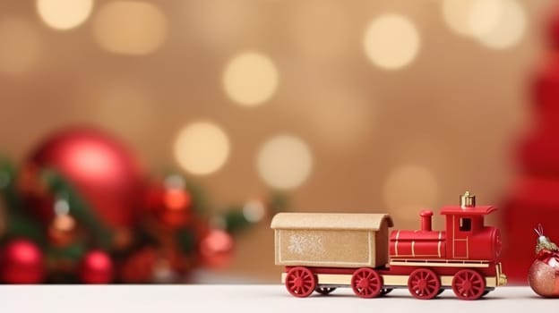 Red toy train and mini gift box, studio shot, bokeh, winter Christmas banner. Generative AI.