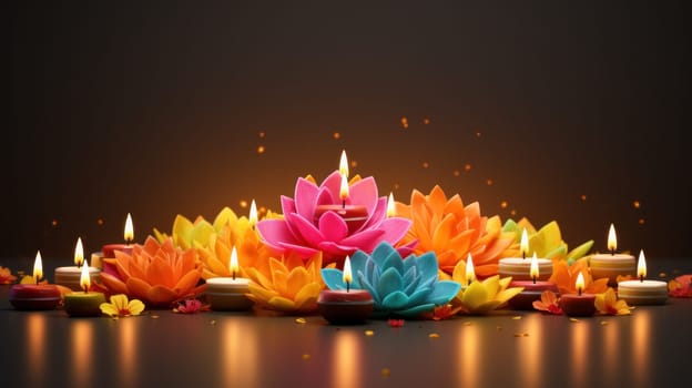 Illustration of Diwali festival Diya Lamp with rangoli at the bottom. Generative AI.