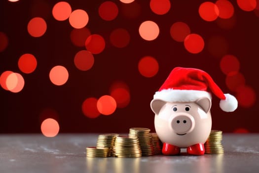 Piggy bank with Santa Claus hat and coins on festive red background. Generative AI.