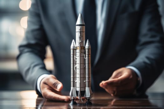 Concept to success hand holding rocket. Generative AI.
