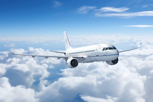 White airplane in the sky, side view. Generative AI.