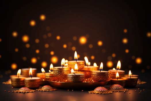 Illustration of Diwali festival Diya Lamp with rangoli at the bottom. Generative AI.