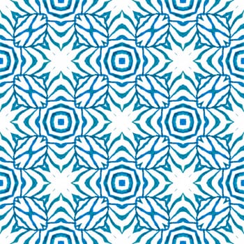 Tiled watercolor background. Blue remarkable boho chic summer design. Textile ready favorable print, swimwear fabric, wallpaper, wrapping. Hand painted tiled watercolor border.