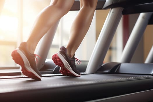 Close up of the activity of a leg running on a treadmill. Generative AI.