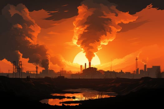 illustrations silhouette factory emit smoke Gradient orange back ground. Generative AI.