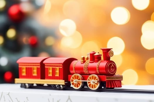 Red toy train and mini gift box, studio shot, bokeh, winter Christmas banner. Generative AI.