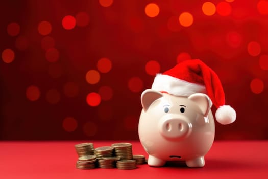 Piggy bank with Santa Claus hat and coins on festive red background. Generative AI.