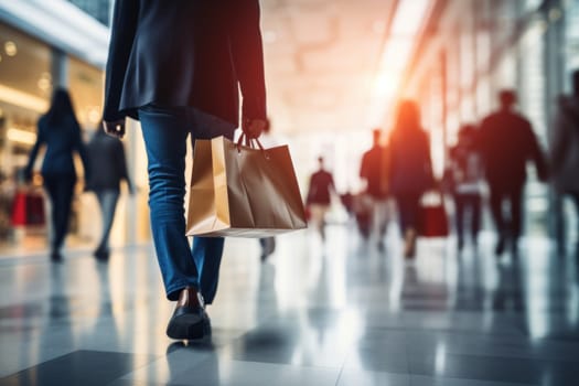 Blurred background of a modern shopping mall with some shoppers. Generative AI.