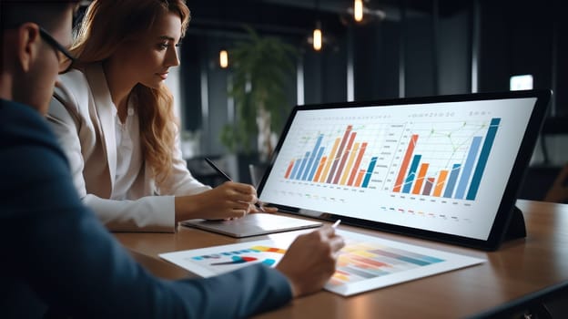 Business people meeting at office analyzing graph chart. Generative AI.