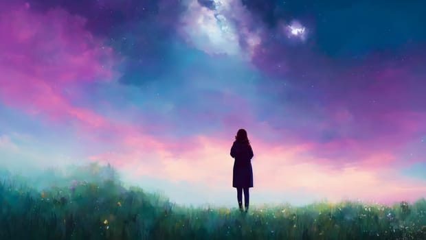 Girl looking at the stars in the sky in a natural vegetation setting. Generative AI.
