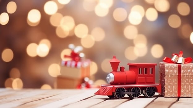 Red toy train and mini gift box, studio shot, bokeh, winter Christmas banner. Generative AI.
