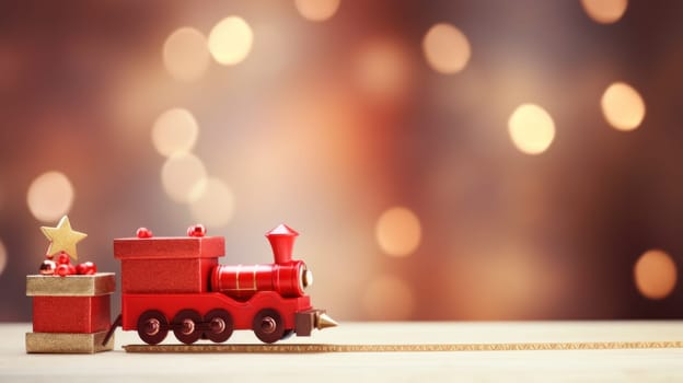 Red toy train and mini gift box, studio shot, bokeh, winter Christmas banner. Generative AI.