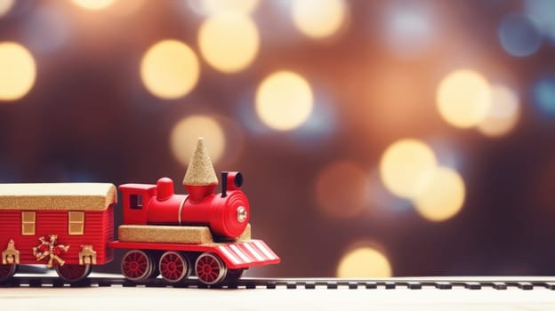 Red toy train and mini gift box, studio shot, bokeh, winter Christmas banner. Generative AI.
