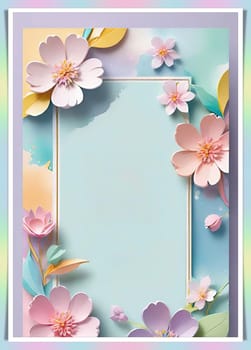 Cherry blossom frame on pastel background with space for text. Sakura.Paper art of Cherry blossom with frame on pastel background.Paper cut style.Spring background with sakura flowers and leaves. Vector paper illustration.3d rendering.Spring flowers frame with copy space for your text. Pastel colors.Minimal style.İnvitation and celebrations.