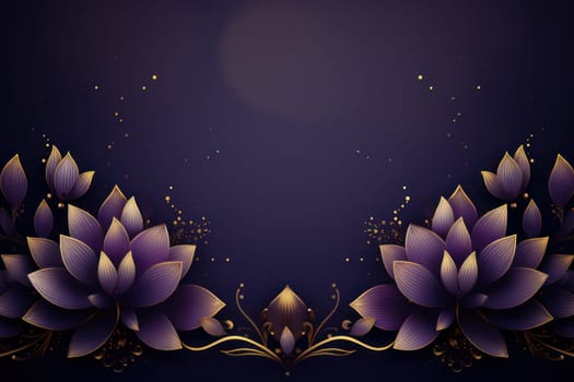 Gradient violet background random symmetric gold lined subtle Indian culture pattern. Generative AI.