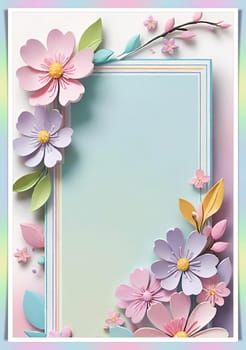 Cherry blossom frame on pastel background with space for text. Sakura.Paper art of Cherry blossom with frame on pastel background.Paper cut style.Spring background with sakura flowers and leaves. Vector paper illustration.3d rendering.Spring flowers frame with copy space for your text. Pastel colors.Minimal style.İnvitation and celebrations.