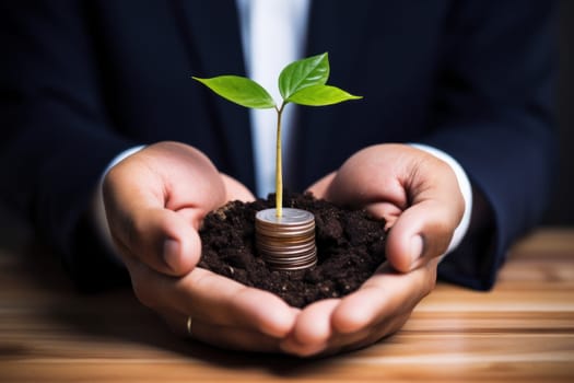 Man holding hip of coins with small green seedling growing from them. Generative AI.