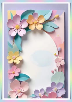 Cherry blossom frame on pastel background with space for text. Sakura.Paper art of Cherry blossom with frame on pastel background.Paper cut style.Spring background with sakura flowers and leaves. Vector paper illustration.3d rendering.Spring flowers frame with copy space for your text. Pastel colors.Minimal style.İnvitation and celebrations.