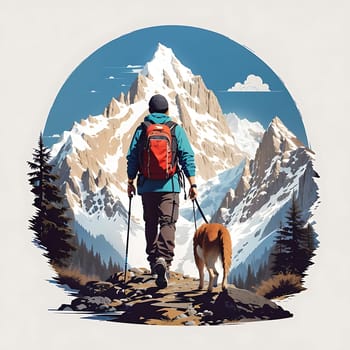 A man and his loyal companion hike up a majestic mountain, conquering challenges and enjoying natures beauty together.