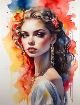 A vibrant and colorful painting showcasing a woman with a beautiful flower in her hair.