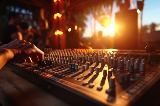 Close up hand on sound mixer disco light flare. Generative AI.