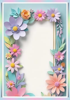 Cherry blossom frame on pastel background with space for text. Sakura.Paper art of Cherry blossom with frame on pastel background.Paper cut style.Spring background with sakura flowers and leaves. Vector paper illustration.3d rendering.Spring flowers frame with copy space for your text. Pastel colors.Minimal style.İnvitation and celebrations.