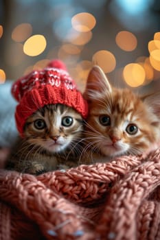 Two joyful cozy kittens looking at camera and snuggling together on a soft, kitten-sized bean pod.