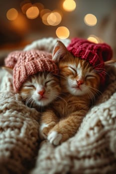 Two joyful cozy kittens with closed eyes snuggling together on a soft, kitten-sized bean pod.
