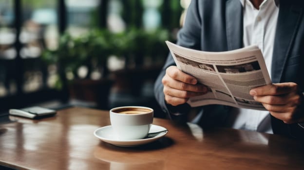 Man holding newsletter, sitting to the table. Generative AI.