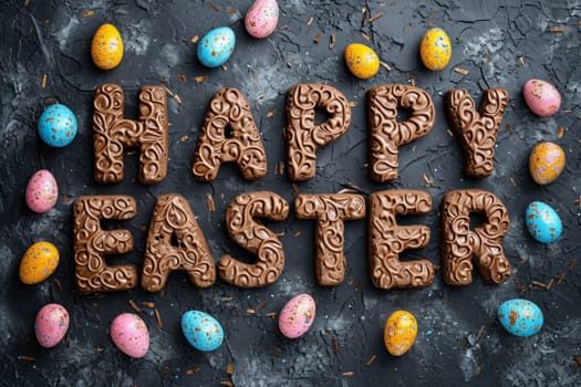 Chocolate HAPPY EASTER text illustration with colored eggs theme on dark grey background.