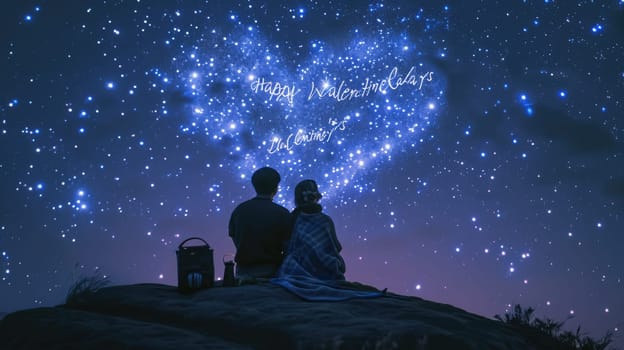 two lovers romantic night couple looking at stars in the sky sitting on green grass field , ultra wide, pragma