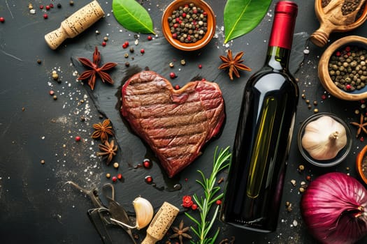 grilled beef steak for valentines day pragma in black background