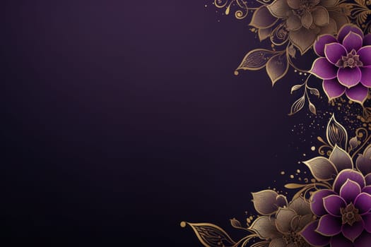 Gradient violet background random symmetric gold lined subtle Indian culture pattern. Generative AI.