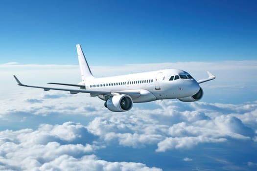 White airplane in the sky, side view. Generative AI.