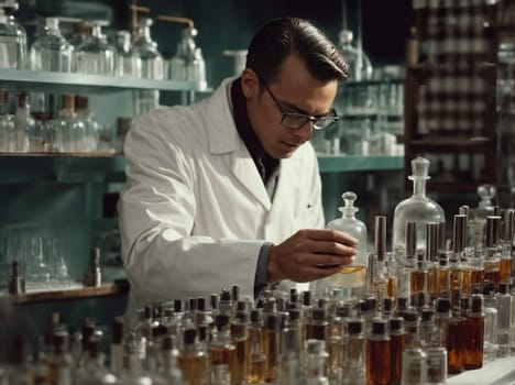 A scientist wearing a lab coat scrutinizes a bottle in a professional setting.