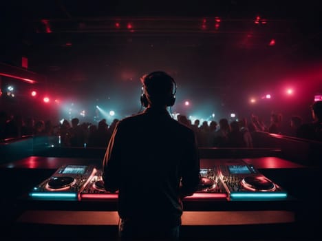 A DJ stands confidently in front of a mixing desk, expertly crafting beats and melodies for a captivating music experience.