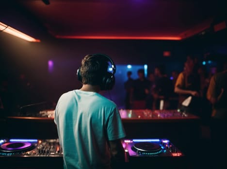 A man in a DJ booth wearing headphones, focused on operating the equipment during a lively music event.