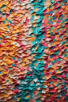 A colorful wall adorned with numerous sheets of paper, creating a visually striking display.