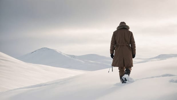 A man in a trench coat walks through the snow in a serene winter scene.