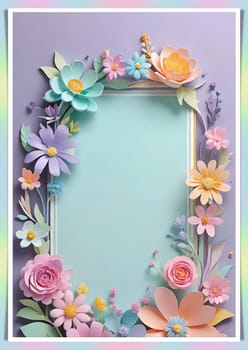 Cherry blossom frame on pastel background with space for text. Sakura.Paper art of Cherry blossom with frame on pastel background.Paper cut style.Spring background with sakura flowers and leaves. Vector paper illustration.3d rendering.Spring flowers frame with copy space for your text. Pastel colors.Minimal style.İnvitation and celebrations.