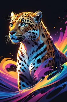 An impressive painting of a leopard portrayed on a black background.