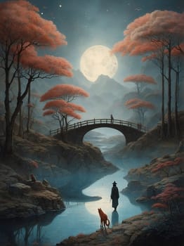 A painting depicting a man walking his dog across a bridge.
