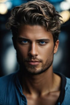 A close-up photo capturing the features of a man with a beard and striking blue eyes.