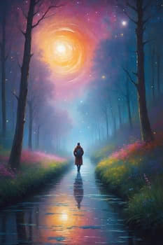 A captivating painting portraying a person strolling down a mysterious path illuminated by the moonlight.