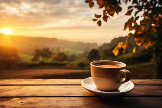 Fresh coffee cup outdoor in front of beautiful nature sunrise. Generative AI.