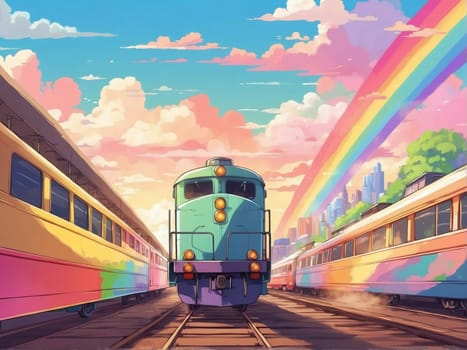 A train moves along the train tracks under a vibrant, rainbow colored sky.